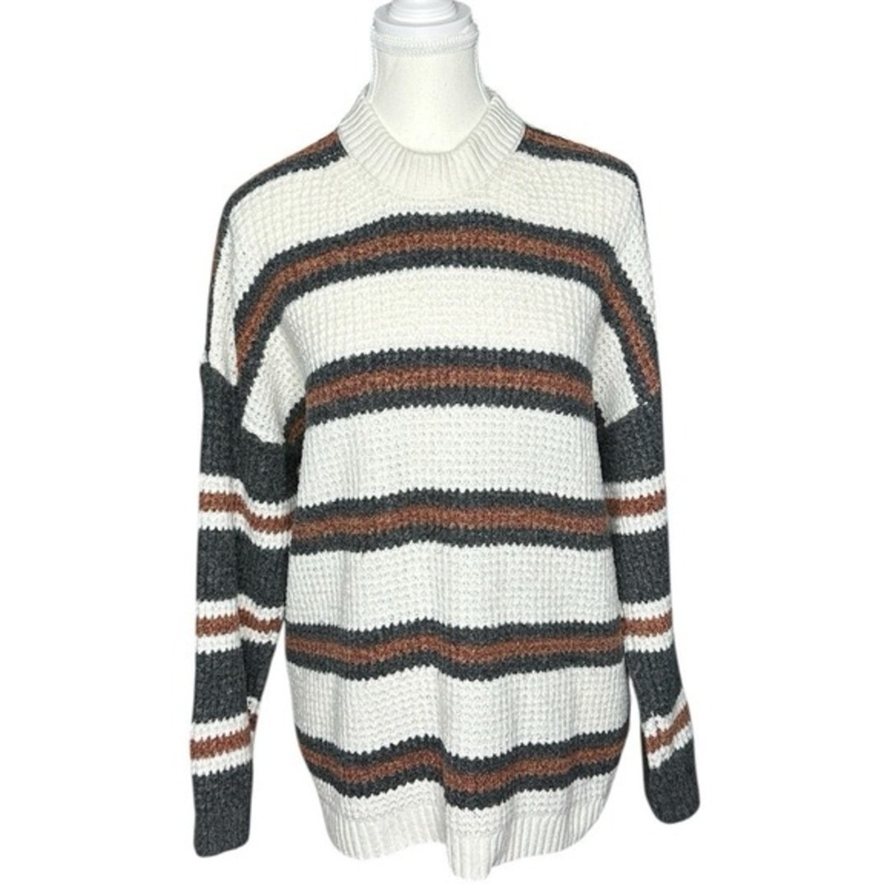 American Eagle Womens Small Striped Waffle Knit Crewneck Sweater Cream Grey‎